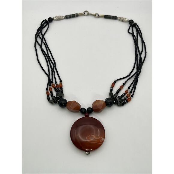 Agate Gemstone Disc Pendant Necklace Multi Strand Stone Beads Orange Brown Black - Picture 3 of 16